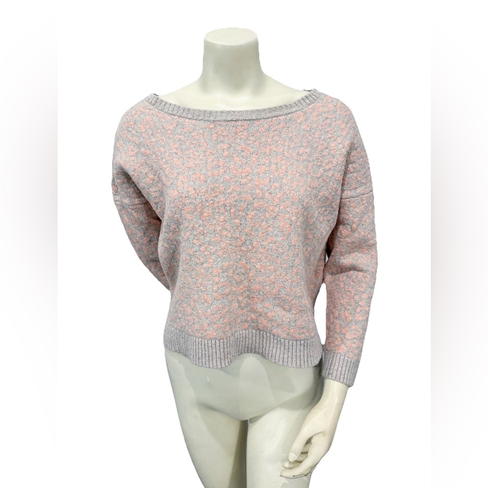 Free People Leopard Knit Sweater S Pink Gray Alpaca Blend Cropped Boho Pullover
